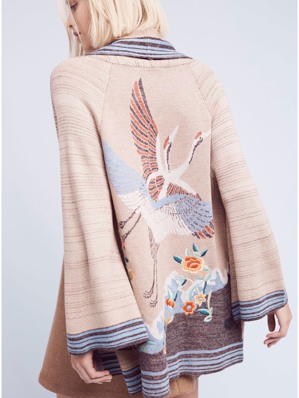 HWR Anthropologie Crane Embroidered Knit Cardigan Sweater LP Beige Blue - Picture 3 of 9